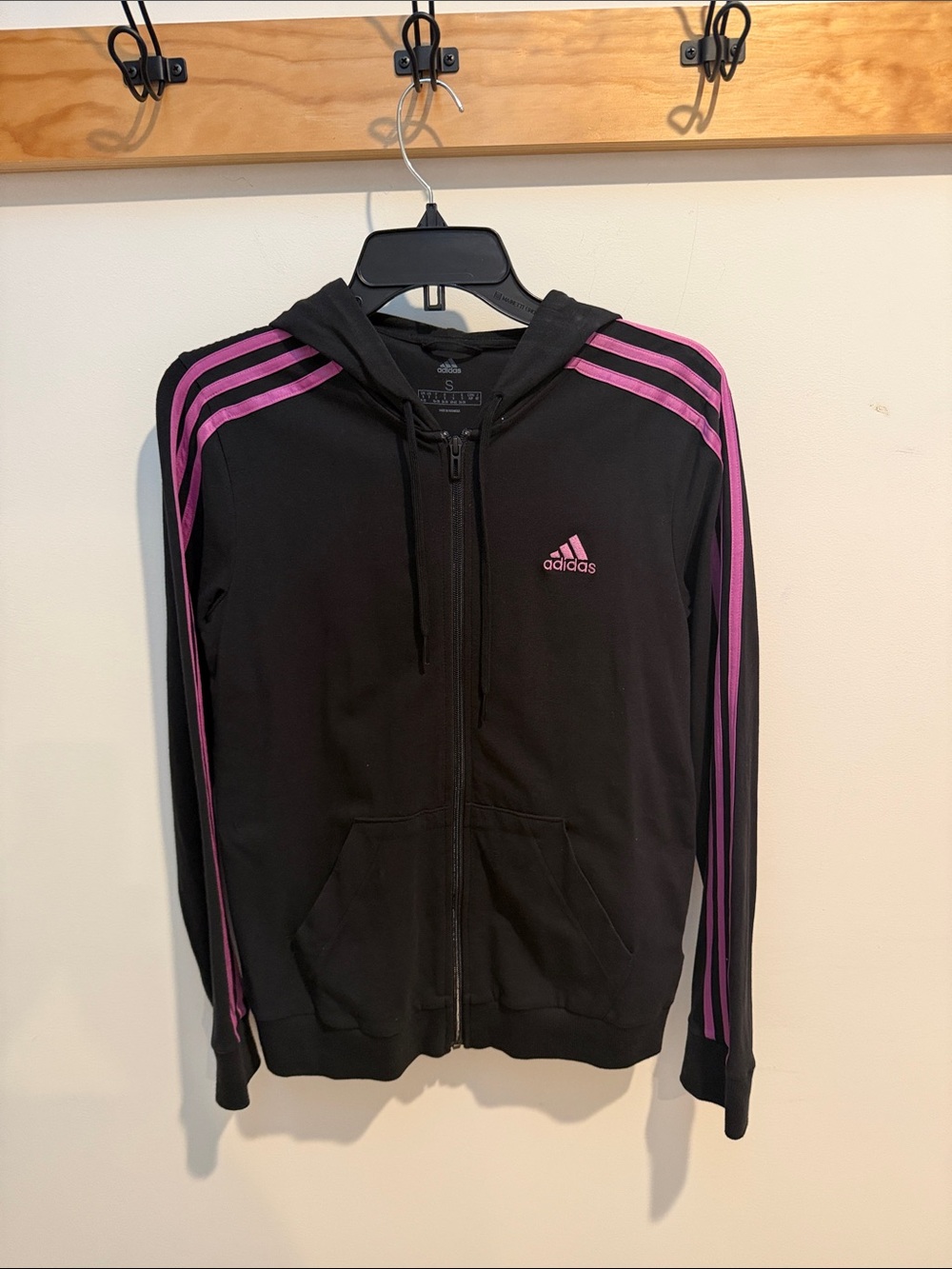 adidas Black Zip-Up Hoodie with Pink Three-Stripes